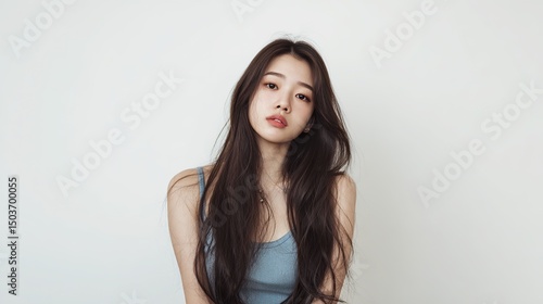 Young beautiful woman with long hair posing in sleeveless top, arms visible, looking directly at camera. Natural light highlights skin texture, pores, and raw quality.