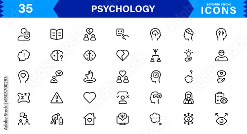 Professional Psychology Icon Set Featuring Mental Health, Therapy, Brain, Emotion, and Cognitive Elements in Clean Minimal Vector Illustration Style