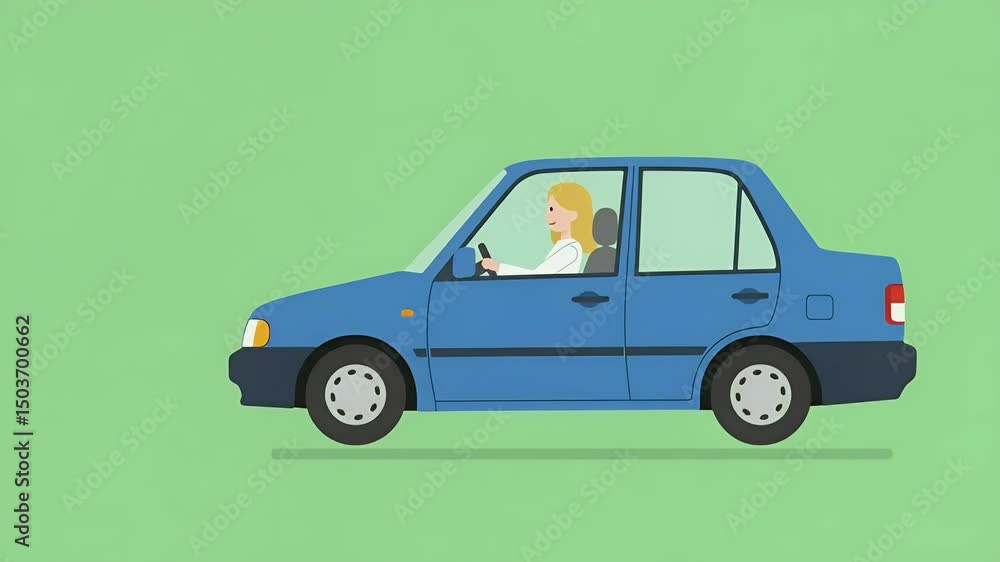 Woman Driving Blue Car Cartoon Animation on Green Background