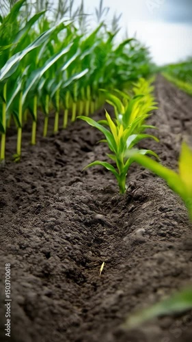 Close-up view of young green corn plants growing in fertile cultivated field under an overcast sky. Agriculture and food production in springtime.