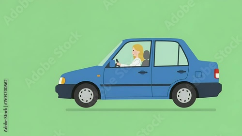 Woman Driving Blue Car Cartoon Animation on Green Background