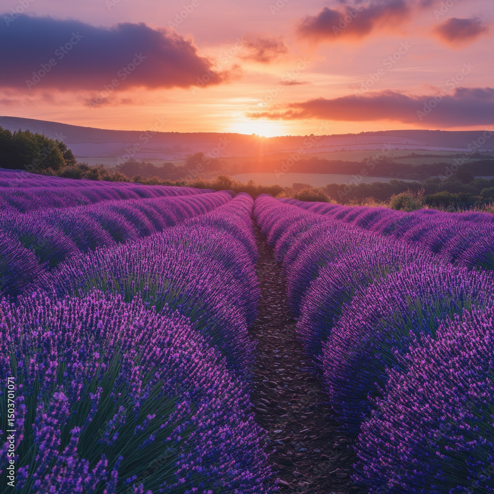 Obraz premium Sunset over lavender fields.