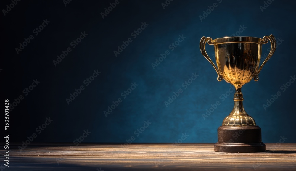 Gold Trophy on Wooden Table Against Blue Backdrop Gold Trophy on Wooden Table Against Blue Backdrop