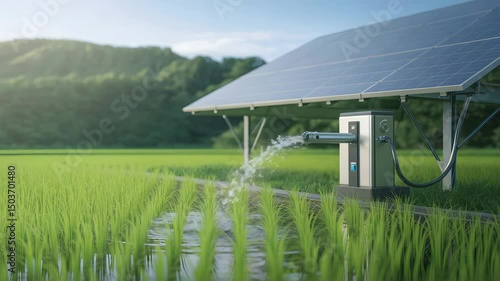 Solar Powered Irrigation System Watering Green Rice Field In Rural Area Promoting Sustainable Agriculture And Clean Energy