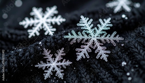 Close-up of snowflakes on black wool