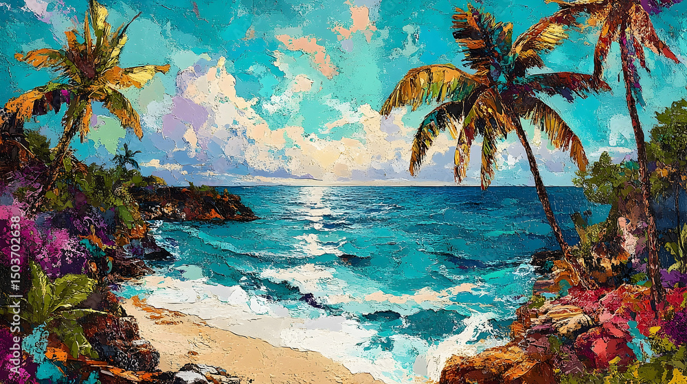 Fototapeta premium Vibrant coastal scene with palm trees and waves.