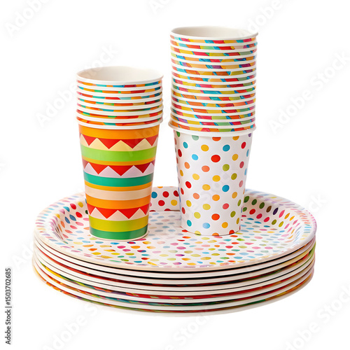 Wallpaper Mural Themed paper party plates and cups stack on white background
 Torontodigital.ca