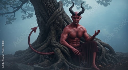 Contemplative demon resting against ancient tree in misty forest realm