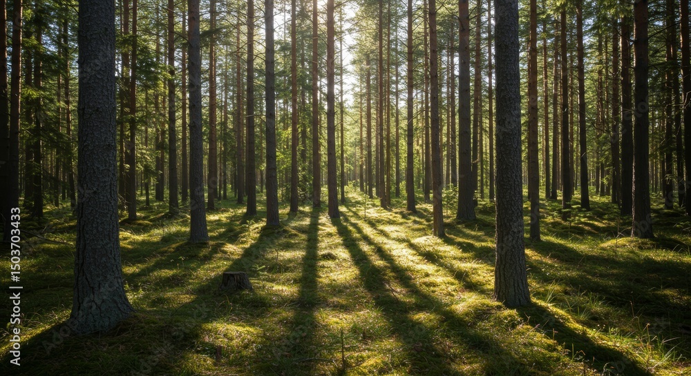 Fototapeta premium Sunlight Through Tall Evergreen Trees Creating Striking Shadow Patterns in Forest