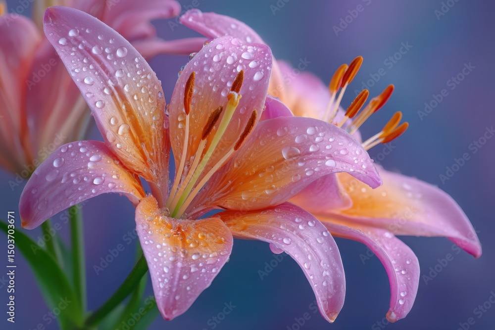 Naklejka premium Dew kissed pink and orange lily closeup