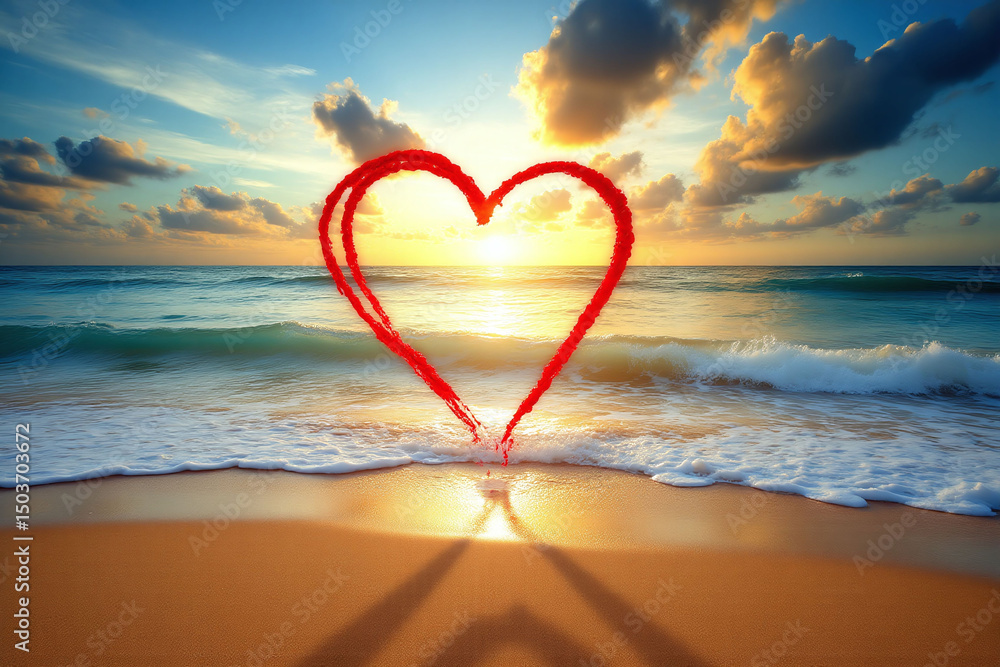 Fototapeta premium heart shaped object on the beach at sunset