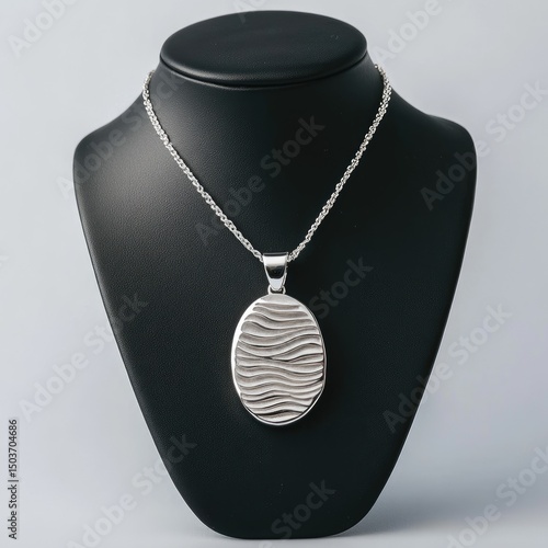 Silver oval pendant with wavy design on a chain