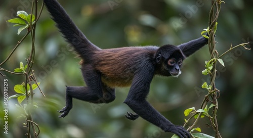 Agile spider monkey gracefully swinging through the dense jungle canopy