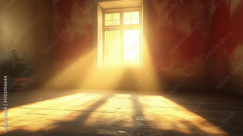 Sunlight streaming through window illuminating empty room with shadows Sunlight streaming through window illuminating empty room with shadows