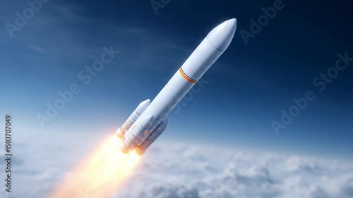 Rocket Ascent: A powerful rocket streaks skyward, its engines blazing, leaving a trail of fire and smoke against a backdrop of clouds, symbolizing exploration and technological advancement.