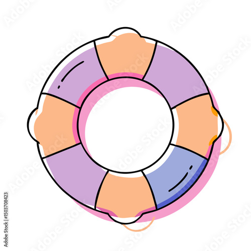 Cartoon of a pink, orange, and blue life preserver. Can be used by travel blogs, water safety sites, or online shops selling pool accessories.