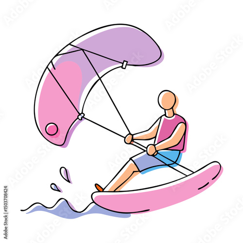 A cartoon kitesurfer on water with a pink kite and board. Suitable for watersports blogs, adventure travel, and summer activities.