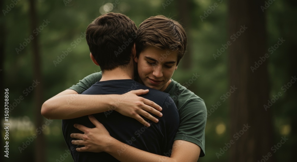 Two young men embracing in a sincere and comforting hug outdoors Two young men embracing in a sincere and comforting hug outdoors