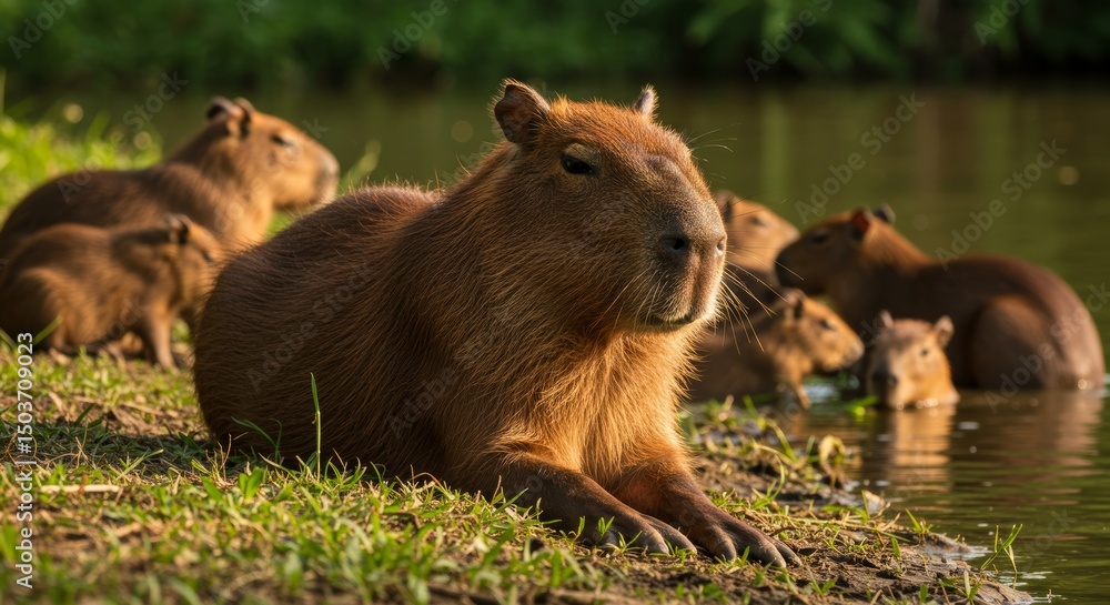 Fototapeta premium Captivating close-up of a capybara with its family relaxing by the river