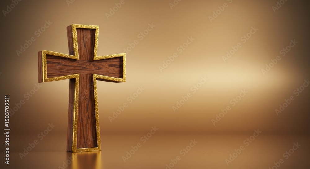 Naklejka premium Elegant Wooden Cross with Golden Edges Symbolizing Faith and Religion