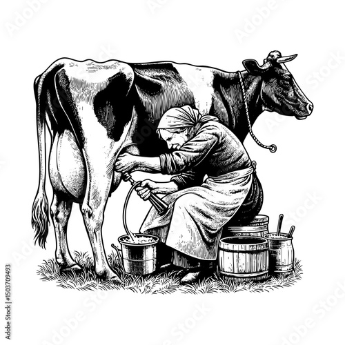 Old woman milking cow sketch engraving black and white outline. Scratch board imitation.  illustrated in vintage line art style on a white background.
