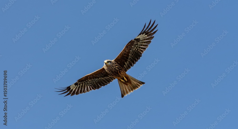 Majestic red kite soars gracefully against a clear blue sky backdrop Majestic red kite soars gracefully against a clear blue sky backdrop