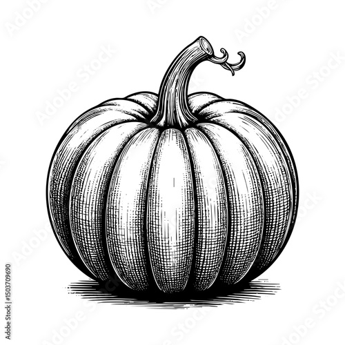 Pumpkin engraving black and white outline. Scratch board imitation.  illustrated in vintage line art style on a white background.