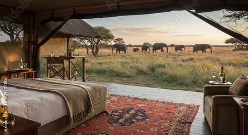 Spectacular safari tent view with elephants in Serengeti National Park