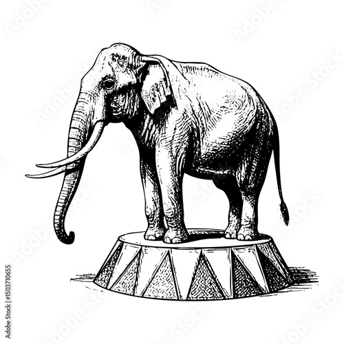 Elephant standing on circus stage engraving black and white outline. Scratch board imitation. illustrated in vintage line art style on a white background.