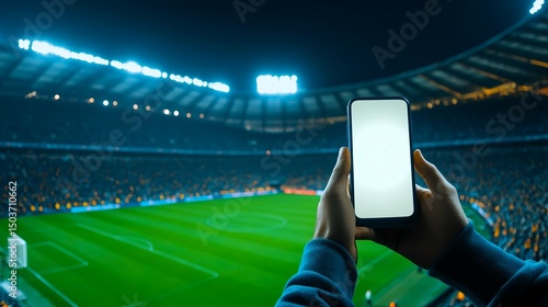 Smartphone with Blank Screen Held at Night Soccer Stadium