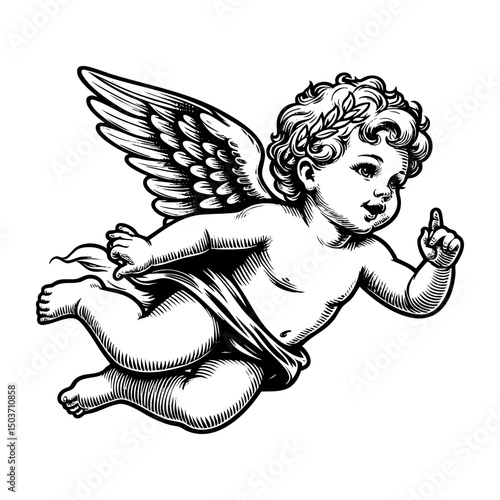 flying baby angel engraving black and white outline. Scratch board imitation.