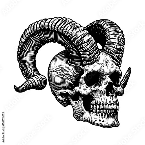 Human skull with horn sketch engraving black and white outline. Scratch board imitation.  illustrated in vintage line art style on a white background.