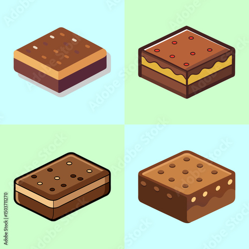 Brownie and Chocolate Dessert Icon Set – Flat Isometric Vector Illustration