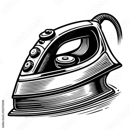 Steam cloth iron sketch engraving black and white outline. Scratch board imitation.