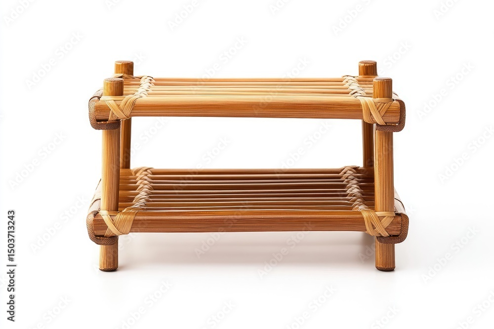 Small, light brown, two-tiered bamboo shelf Small, light brown, two-tiered bamboo shelf