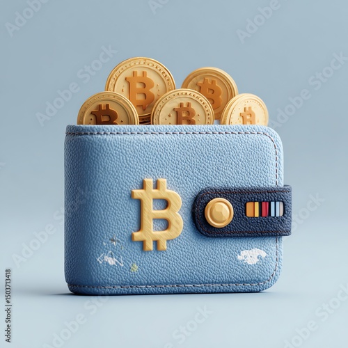 Modern blue wallet with bitcoins sticking out, symbolizing digital finance, crypto investment, and secure online transactions in a futuristic fintech concept.