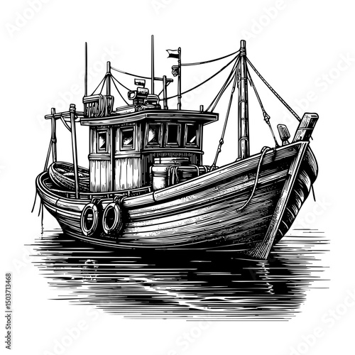 fishing boat sketch engraving black and white outline. Scratch board imitation.