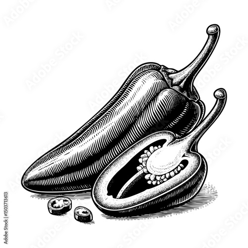 Jalapeno sketch engraving black and white outline. Scratch board imitation.
