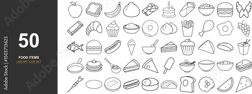 50 Minimal Line Art Vector Icons of Global Dishes and Meals Including Sushi, Ramen, Pasta, Dumplings, Salad, Steak, Dessert, and Fruits – Ideal for Cookbooks, Restaurant Branding, and UI Design