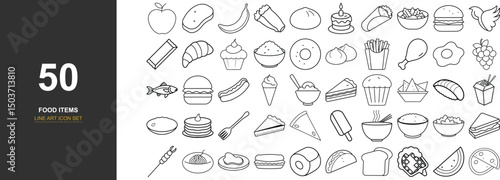 50 Line Art Vector Icons of Fast Food and Street Snacks Including Burger, Pizza, Hot Dog, Sandwich, Fries, Chicken, and Tacos – Clean Minimalist Outline Icons for Food Delivery and Restaurant Apps