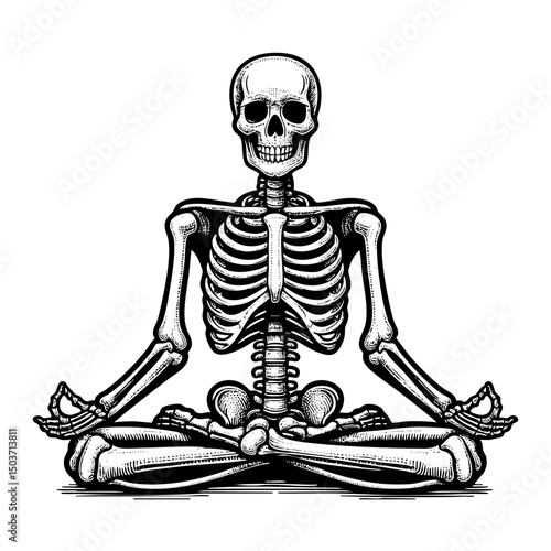 Skeleton yoga doing lotus pose engraving black and white outline. Scratch board imitation. illustrated in vintage line art style on a white background.
