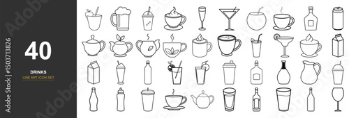 40 Minimal Line Art Vector Icons of Alcoholic and Non-Alcoholic Beverages Including Cocktails, Wine, Beer, Whiskey, Milkshakes, and Coconut Water for Bar Menus, Mobile Apps, and Branding Projects