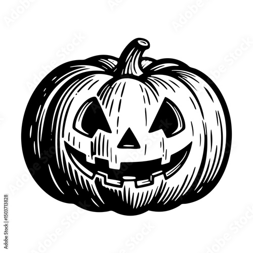jack o lantern pumpkin sketch engraving black and white outline. Scratch board imitation.  illustrated in vintage line art style on a white background.