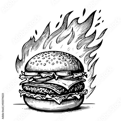 Hamburger on fire sketch engraving black and white outline. Scratch board imitation.  illustrated in vintage line art style on a white background.