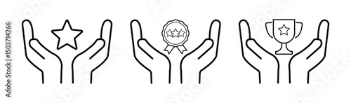 Handheld Award Icon Set, Outline Vectors Featuring Star, Badge and Trophy Symbols for Celebrating Achievement