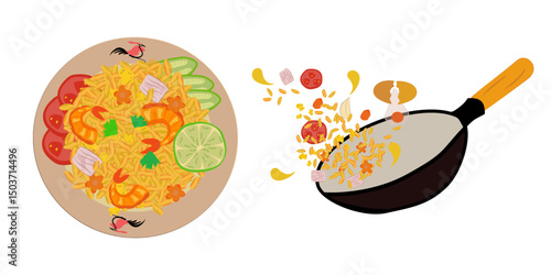 Top view of him, Pad Thai, chicken, shrimp, scrambled eggs, carrots, beans, red chilli, spring onion, tomato, cucumber, lime on plate. Authentic Thai food vector art