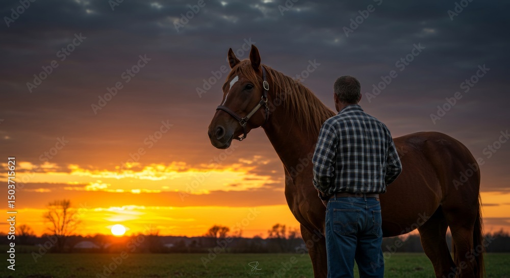 Obraz premium Tranquil equine companionship at sunset, a heartfelt scene of man and horse