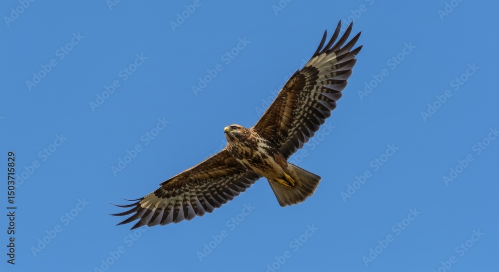 Fototapeta premium Majestic common buzzard soars effortlessly across the clear blue sky with wings fully extended showing intricate feather patterns