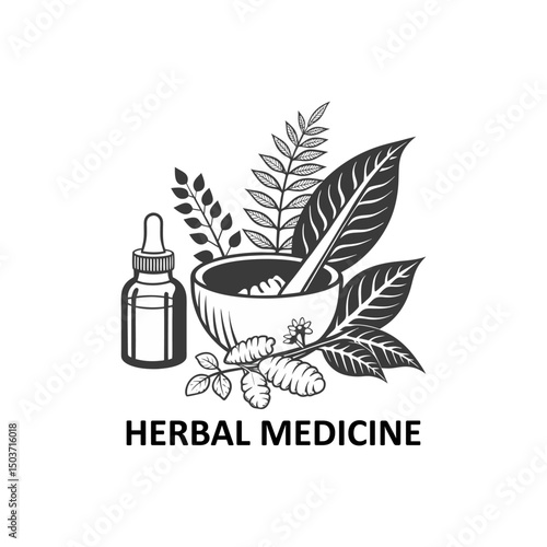 Herbal Medicine Mortar and Pestle with Plants