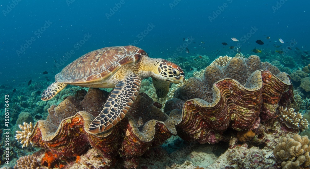 Obraz premium Sea Turtle Gliding Over Giant Clam on Vibrant Coral Reef, a marine scene